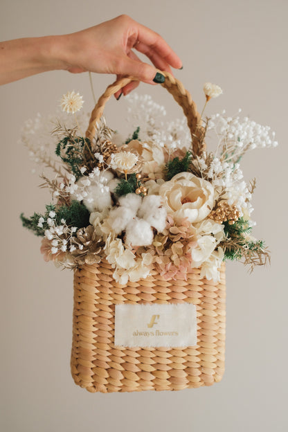 ◆クリスマス限定デザイン◆Flower BAG No.3 ／スクエアカゴバッグ　シャイニングスノー／ドライ・プリザーブドフラワー