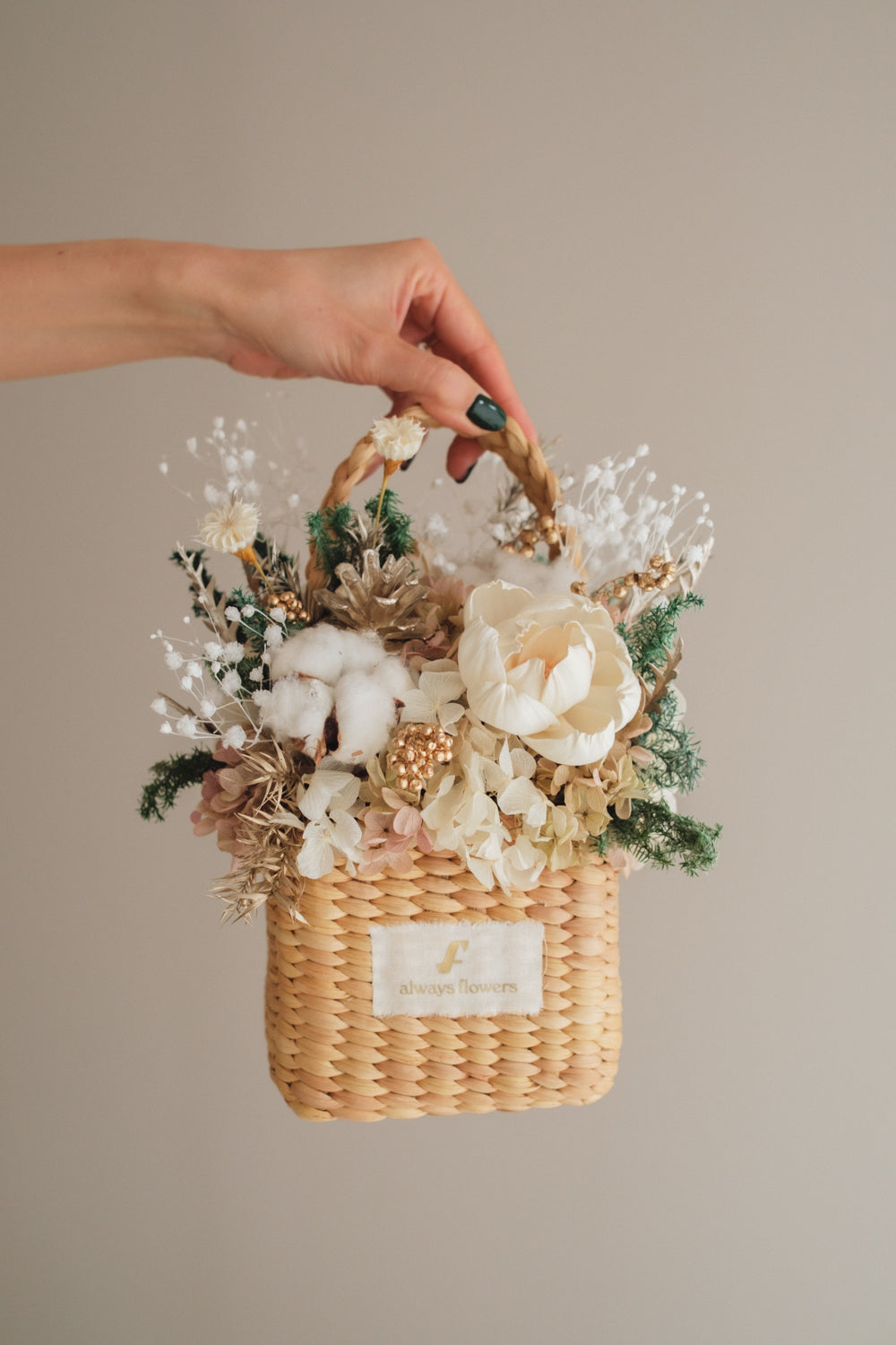 ◆クリスマス限定デザイン◆Flower BAG No.3 ／スクエアカゴバッグ　シャイニングスノー／ドライ・プリザーブドフラワー