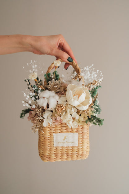 ◆クリスマス限定デザイン◆Flower BAG No.3 ／スクエアカゴバッグ　シャイニングスノー／ドライ・プリザーブドフラワー