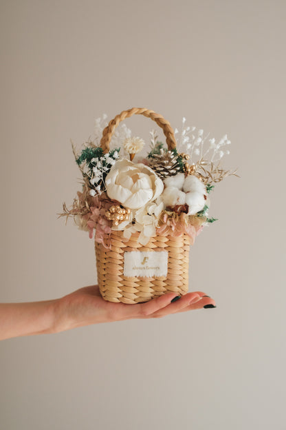 ◆クリスマス限定デザイン◆Flower BAG No.3 ／スクエアカゴバッグ　シャイニングスノー／ドライ・プリザーブドフラワー