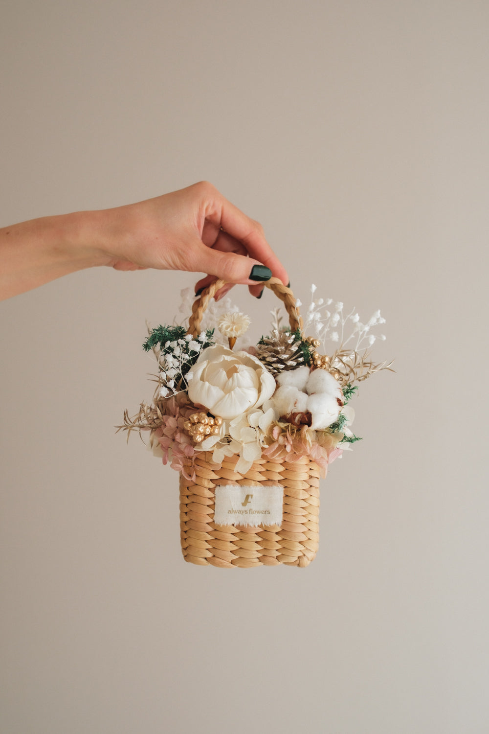 ◆クリスマス限定デザイン◆Flower BAG No.3 ／スクエアカゴバッグ　シャイニングスノー／ドライ・プリザーブドフラワー