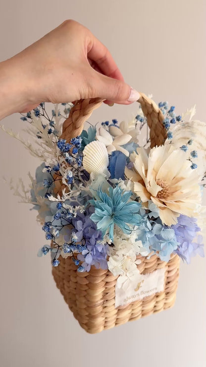 ◆季節限定デザイン◆Flower BAG No.3 ／スクエアカゴバッグ　コフレブルー／ドライ・プリザーブドフラワー